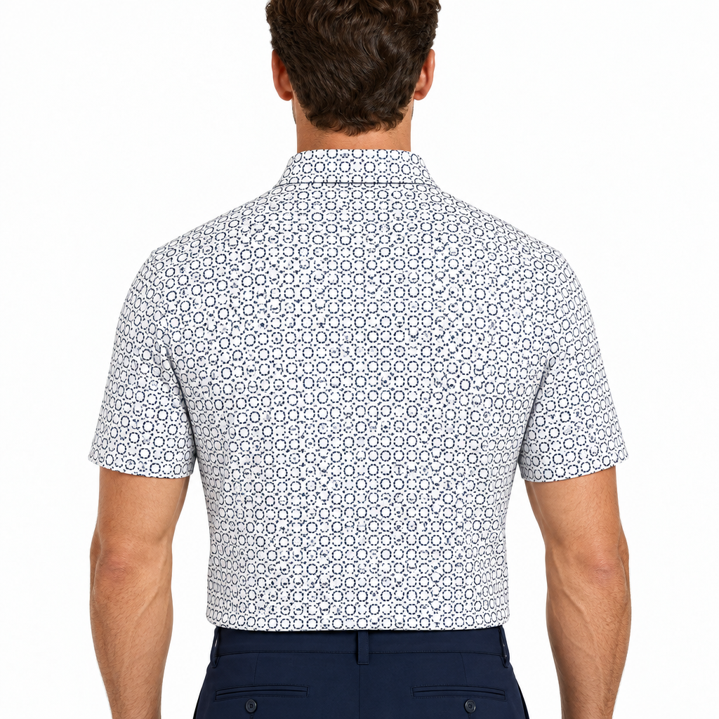 Collars & Co. Men's Polo Performance Fabric Semi-Spread Collar Navy Circles Size L