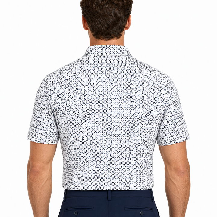 Collars & Co. Men's Polo Performance Fabric Semi-Spread Collar Navy Circles Size L