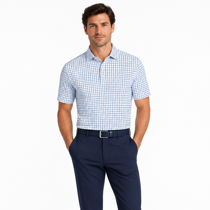 Collars & Co. Men's Polo Performance Fabric Semi-Spread Collar Thin Blue Check Size M