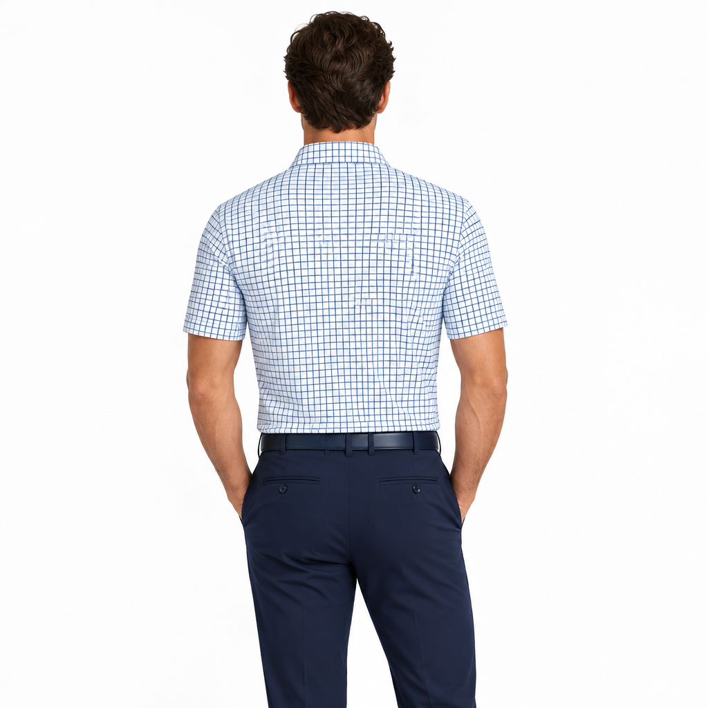 Collars & Co. Men's Polo Performance Fabric Semi-Spread Collar Thin Blue Check Size M
