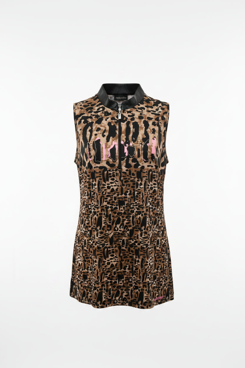 Jamie Sadock Womens Cheetah Print Sleeveless Zip Mock - Brown Sugar/Jet Black