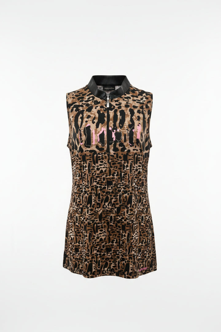 Jamie Sadock Womens Cheetah Print Sleeveless Zip Mock - Brown Sugar/Jet Black