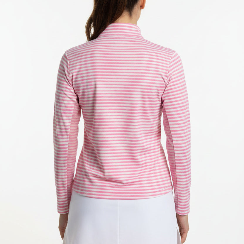 IBKUL Women's Long Sleeve Zip Mock Landon Stripe Pink/White Size XL