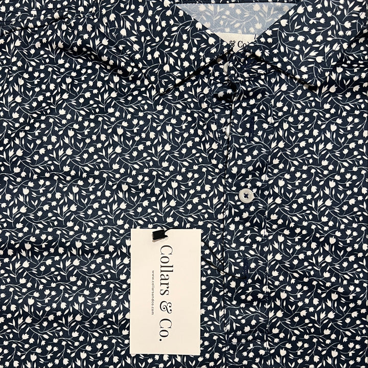 Collars & Co. Men's Polo Performance Fabric Semi-Spread Collar Navy Floral Size L