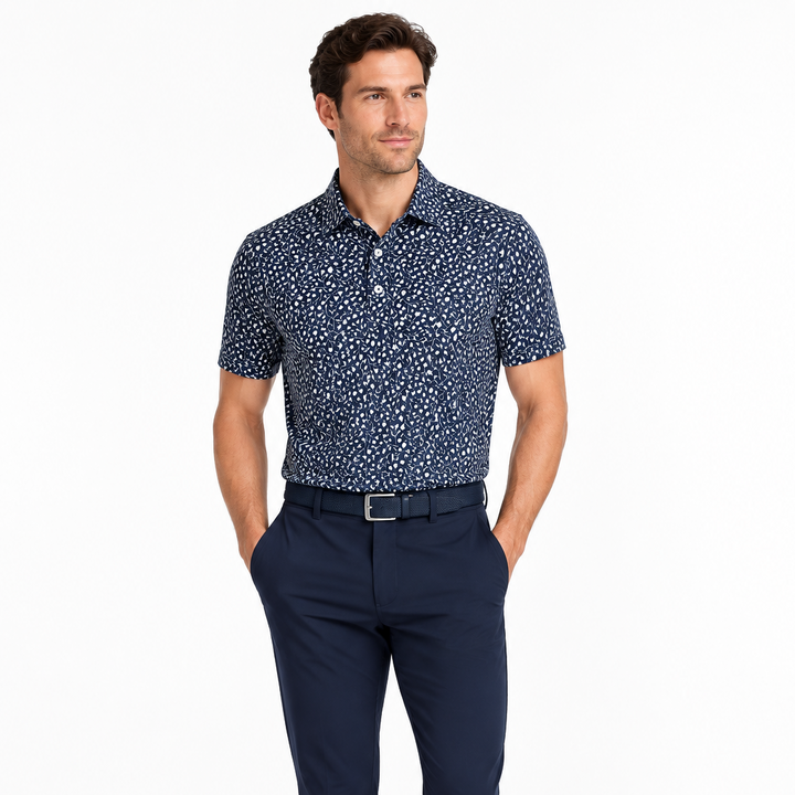 Collars & Co. Men's Polo Performance Fabric Semi-Spread Collar Navy Floral Size L