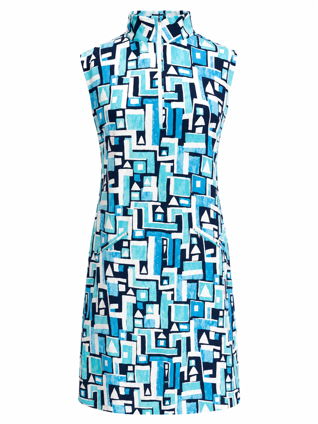 IBKUL Geometric Sleeveless Zip Mock Dress - Turq/Navy