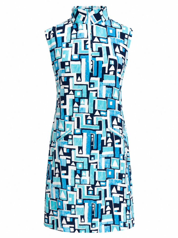 IBKUL Geometric Sleeveless Zip Mock Dress - Turq/Navy