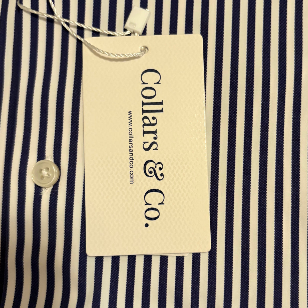 Collars & Co. Men's L/S Polo Apex Performance Fabric Semi-Spread Navy Bengal Stripe Size L