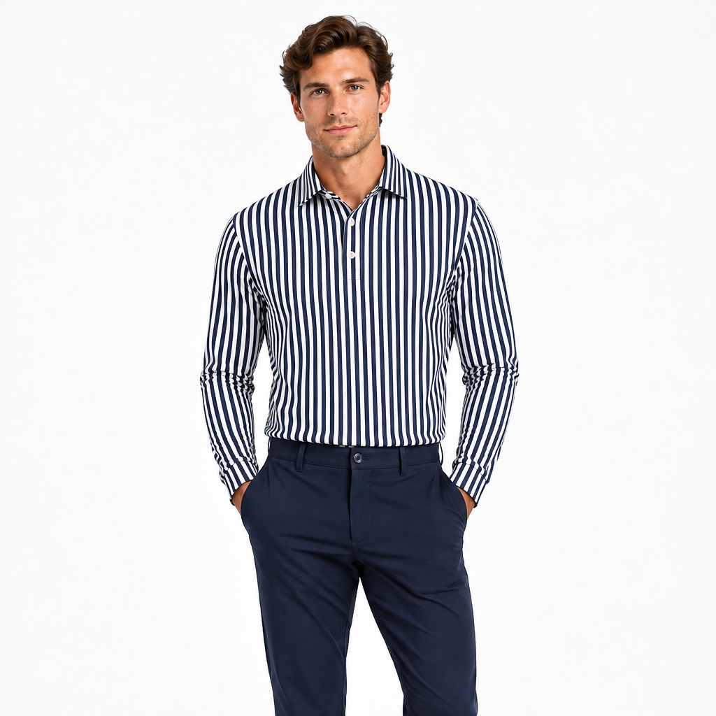 Collars & Co. Men's L/S Polo Apex Performance Fabric Semi-Spread Navy Bengal Stripe Size L