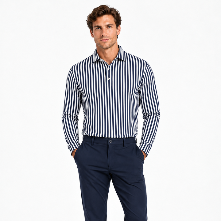 Collars & Co. Men's L/S Polo Apex Performance Fabric Semi-Spread Navy Bengal Stripe Size L