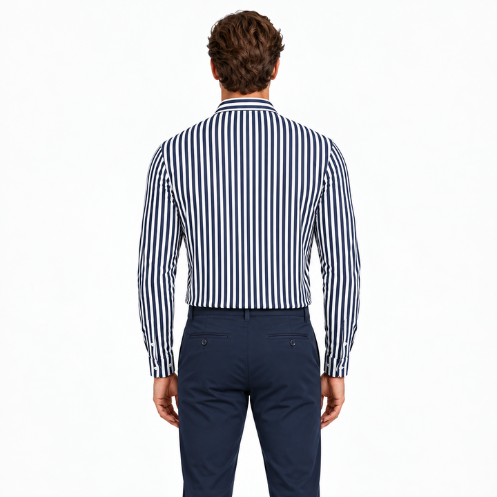 Collars & Co. Men's L/S Polo Apex Performance Fabric Semi-Spread Navy Bengal Stripe Size L