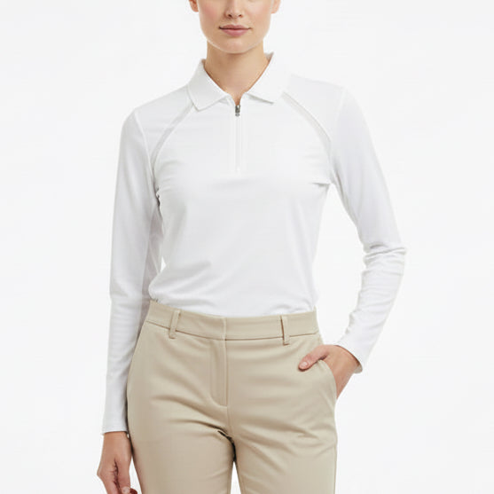 Foray Golf Women's Golf L/S Polo Fashion Mesh Inset White