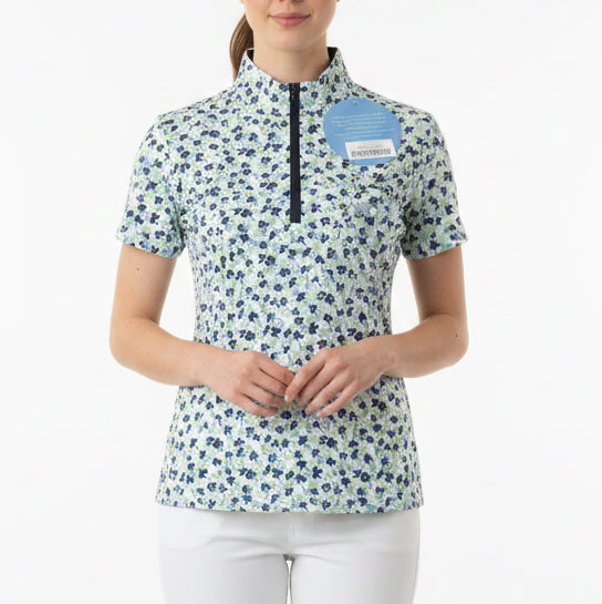 SanSoleil Women's Golf S/S 1/4 Zip Polo Clover Print Navy/Green