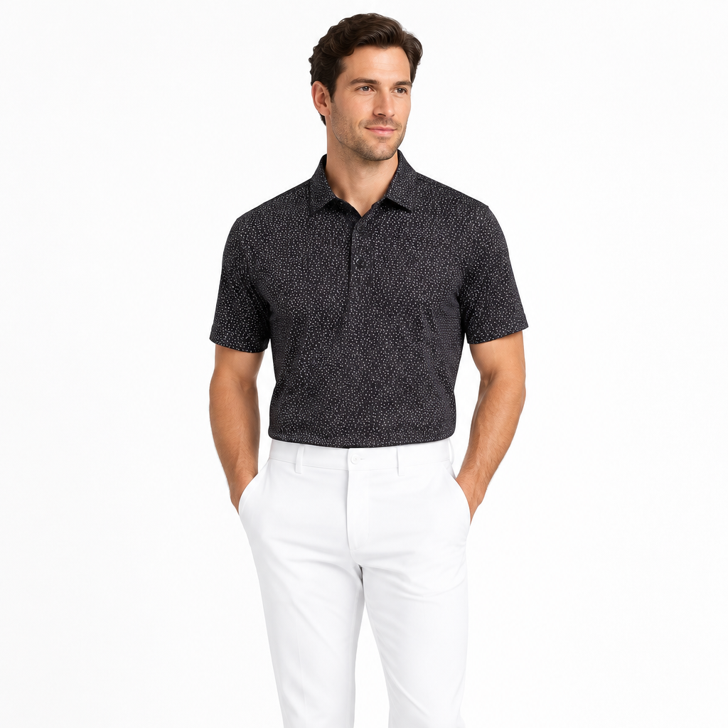 Collars & Co. Men's Polo Performance Fabric Semi-Spread Collar Black/White Print Size M