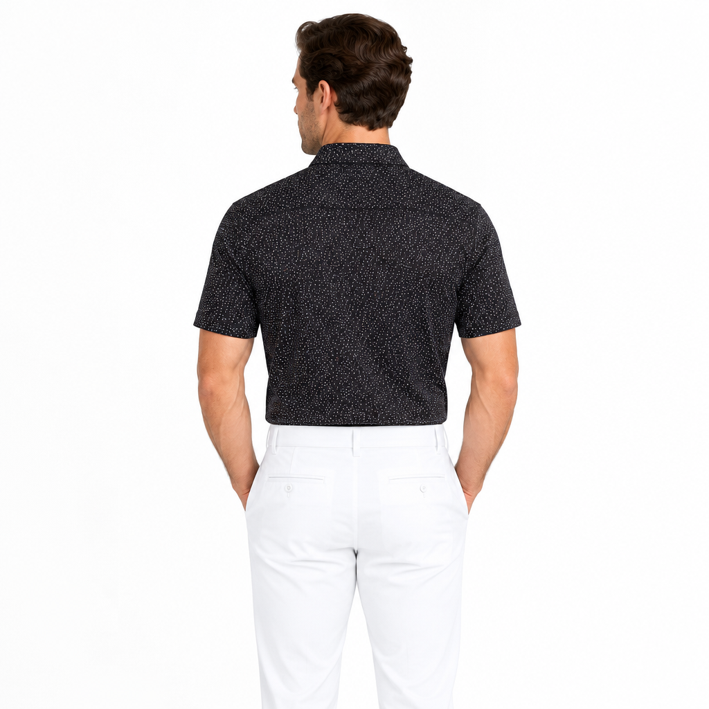 Collars & Co. Men's Polo Performance Fabric Semi-Spread Collar Black/White Print Size M
