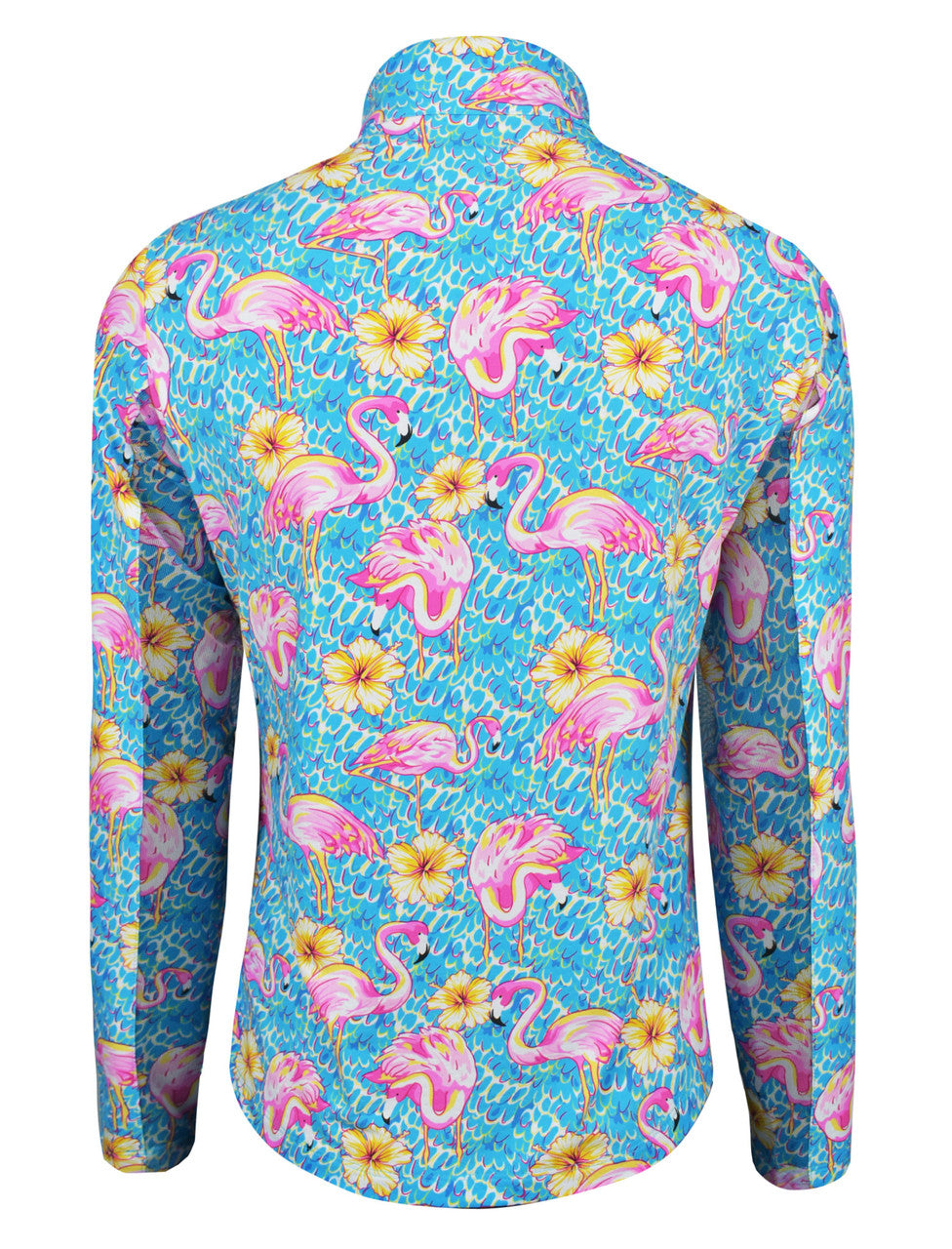 Ibkul Womens Long Sleeve Flamingo Penny Zip Mock - Turquoise/Multi