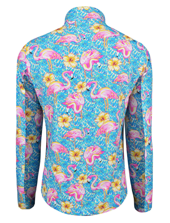 Ibkul Womens Long Sleeve Flamingo Penny Zip Mock - Turquoise/Multi