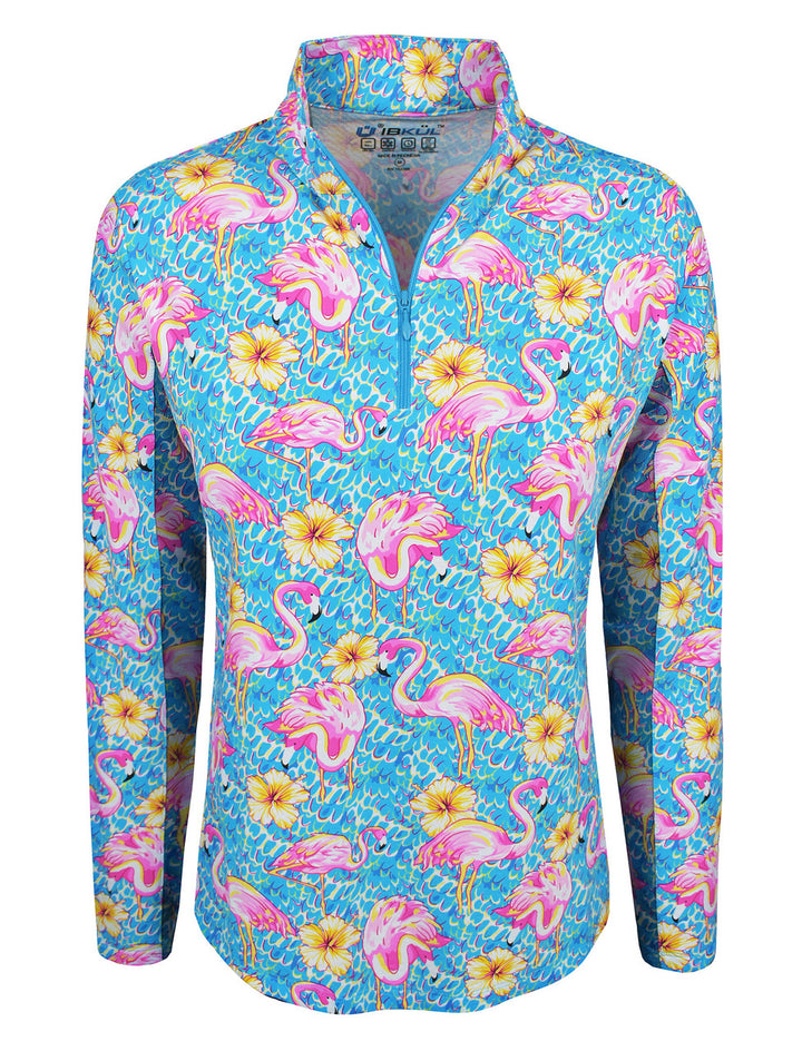 Ibkul Womens Long Sleeve Flamingo Penny Zip Mock - Turquoise/Multi