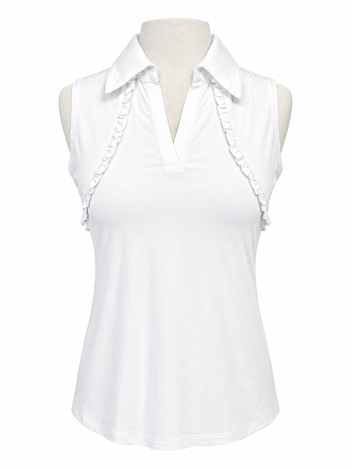 G-Lifestyle Sleeveless Ruffle Polo Top - White - Small