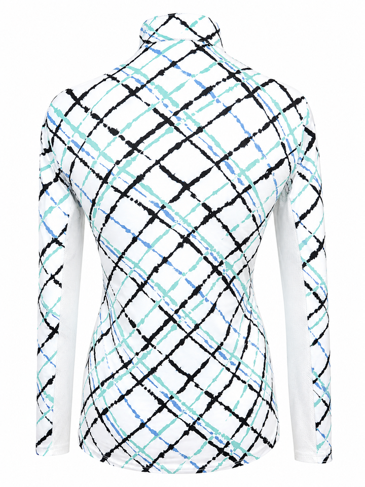 SanSoleil SolCool Print Long Sleeve Mock - Black/Seafoam Plaid - XS