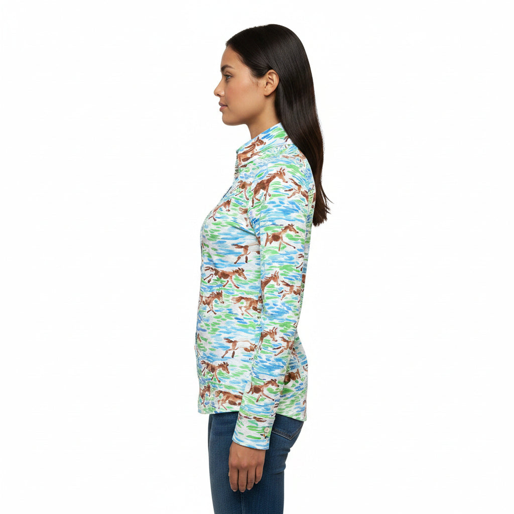 IBKUL Long Sleeve Mock Neck Top - Blue/Green Equestrian - Small - Skorzie