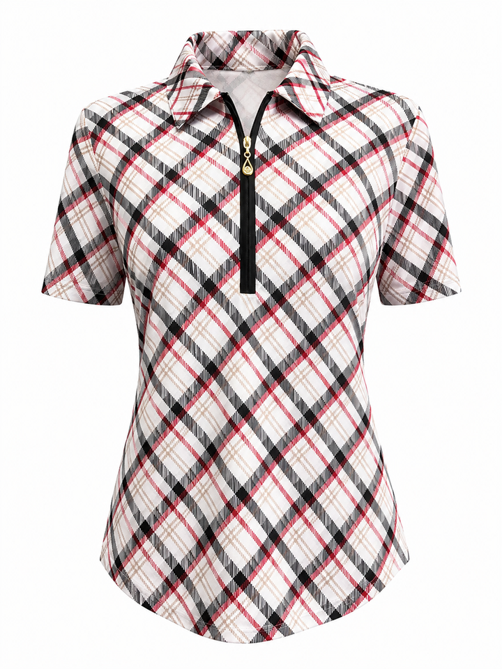SanSoleil Womens Short Sleeve Zip Polo - Red/Black Plaid - Large