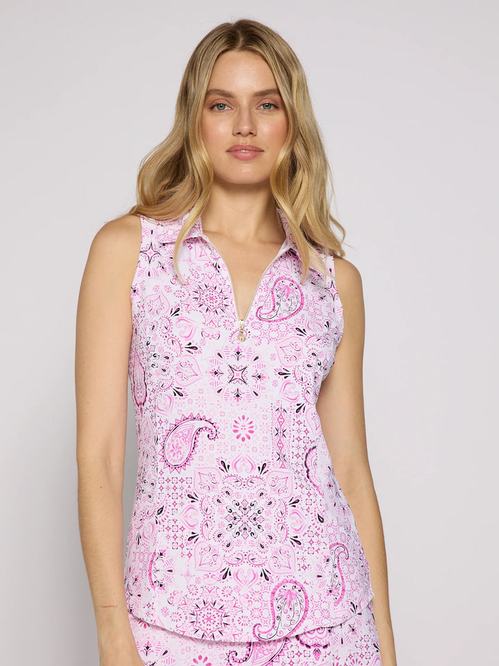 G-Lifestyle Sleeveless Zip Polo - Pink Paisley - Skorzie