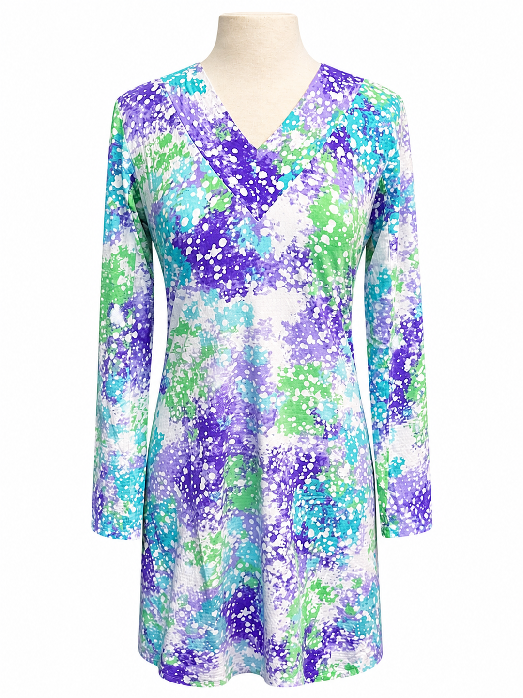 IBKUL Long Sleeve V-Neck Purple Splatter Dress - Medium - Skorzie