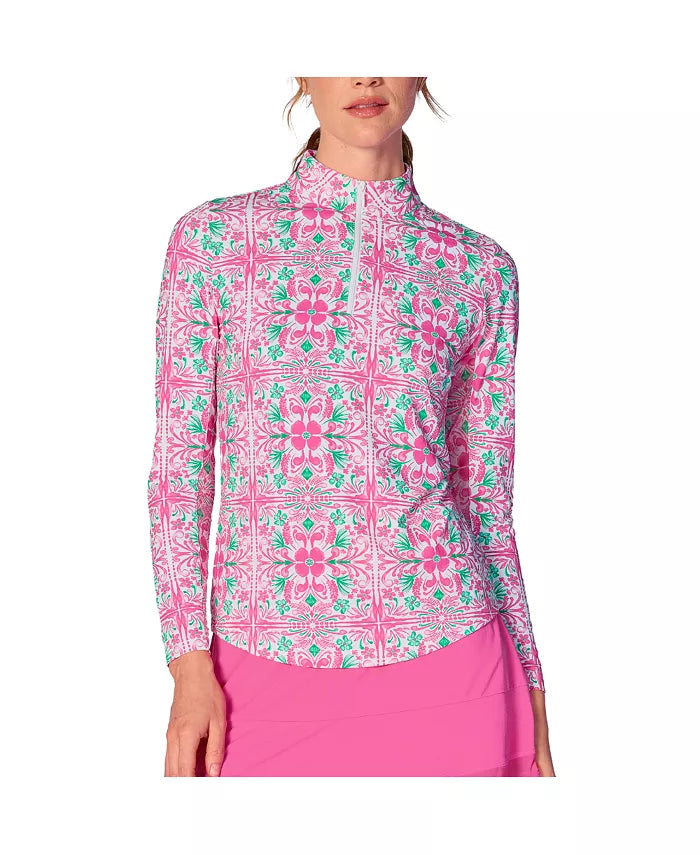 G-Lifestyle Long Sleeve Zip Mock Neck Top - Tile Pink