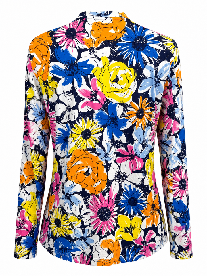 IBKUL Madeline Long Sleeve Crew Neck Top - Orange Multi Flowers