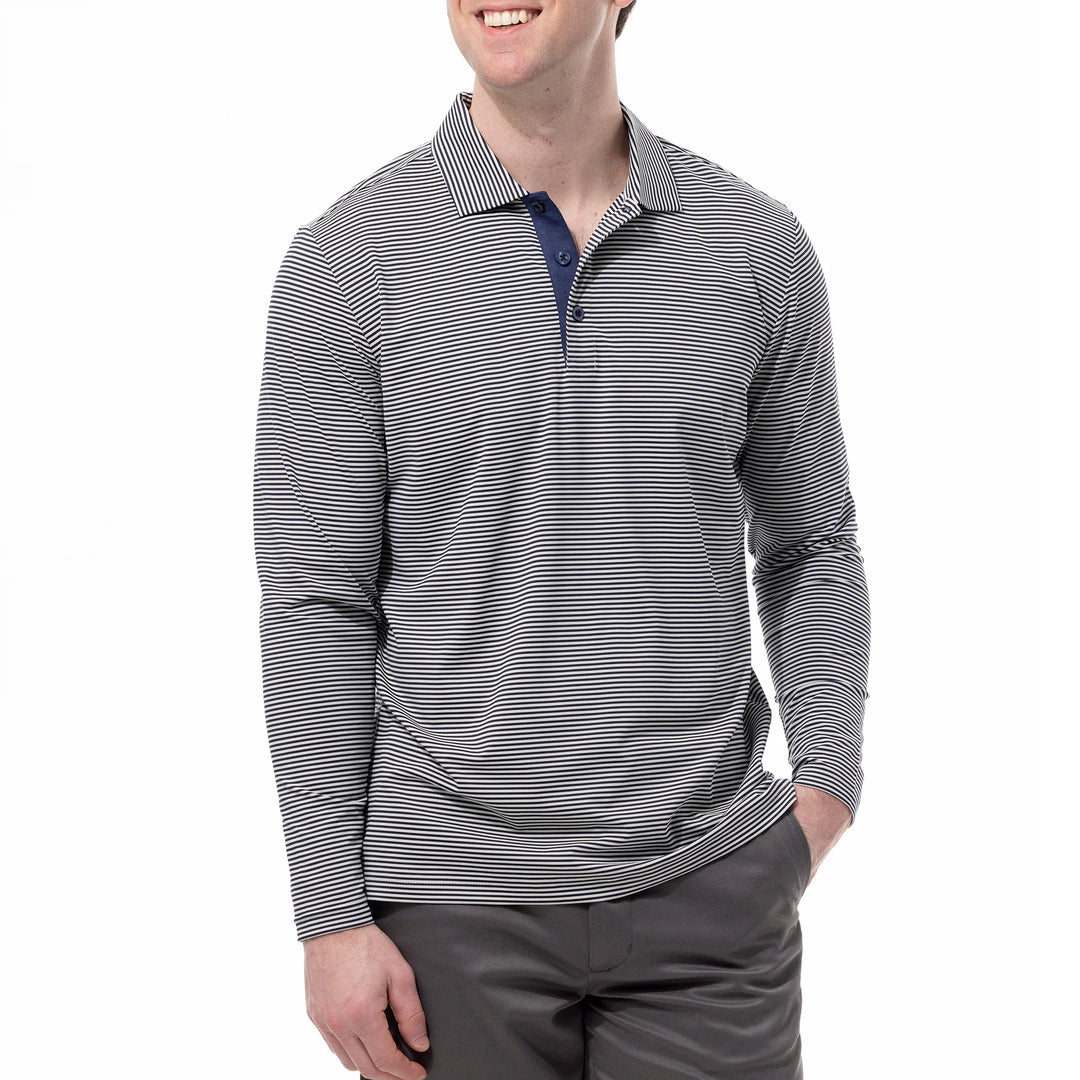SanSoleil TEK-ICE L/S FEEDER STRIPE POLO - FOSSIL/INK - Skorzie