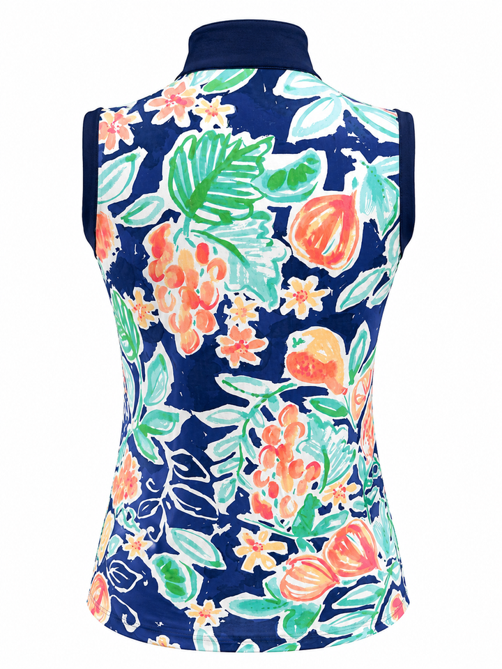 IBKUL Botanical Print Sleeveless Zip Top - Navy/Peach