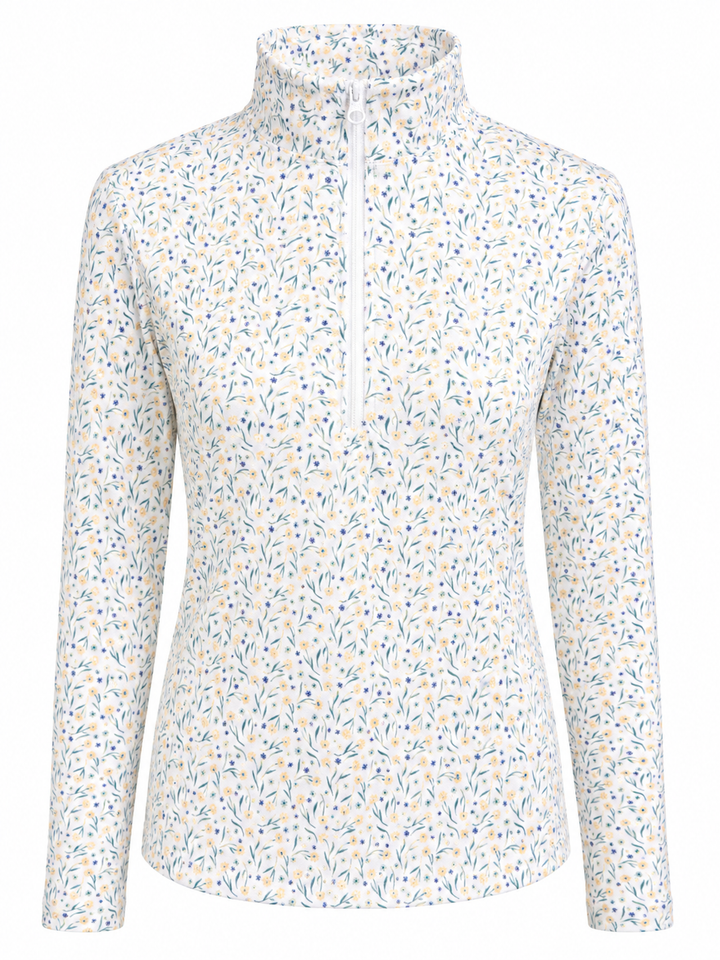 Straight Down Freya Ladies Floral Quarter Zip (w/ logo) - White - Small