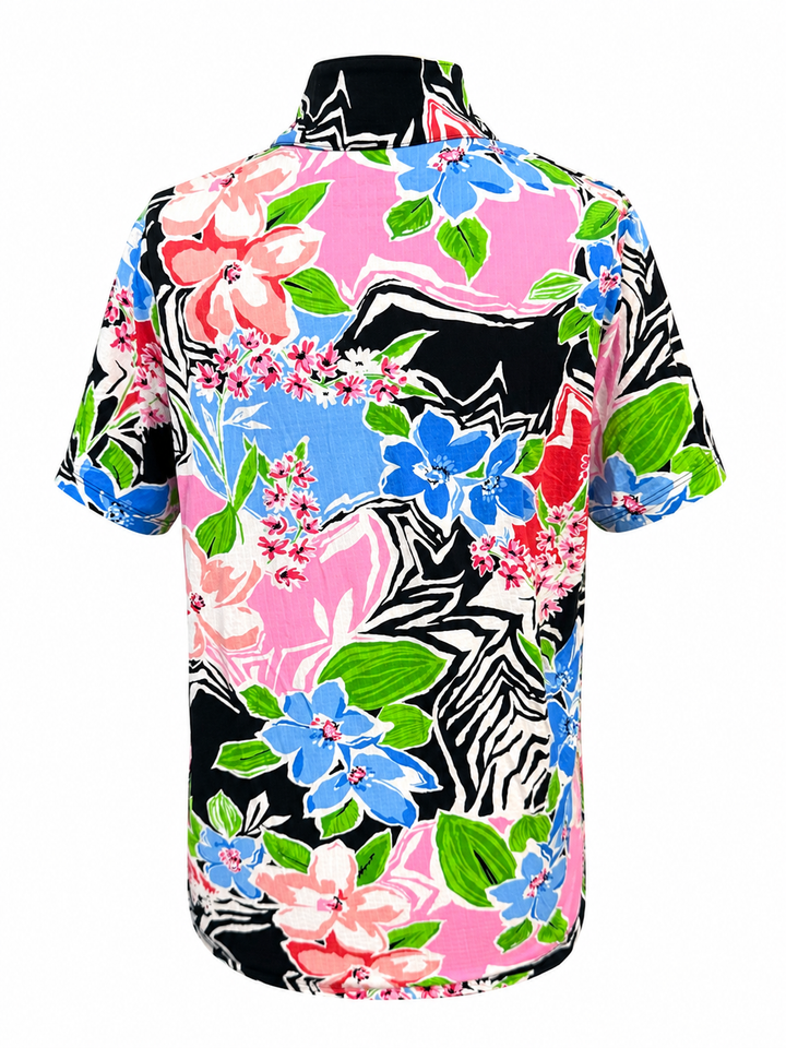 IBKUL Amelia Short Sleeve Zip Mock - Black Multi