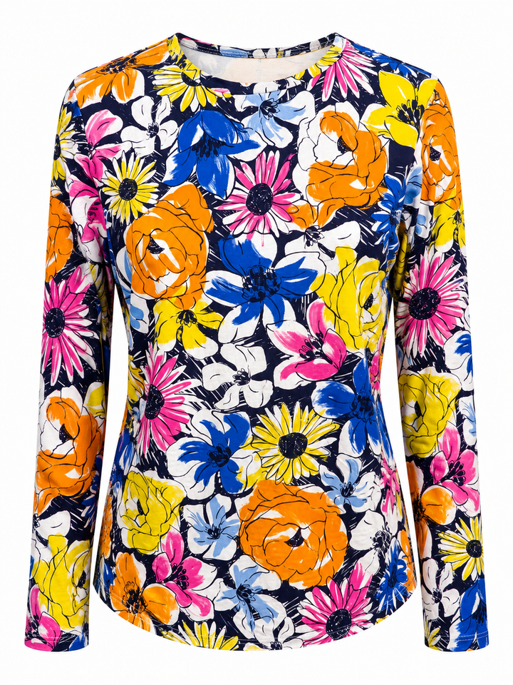 IBKUL Madeline Long Sleeve Crew Neck Top - Orange Multi Flowers