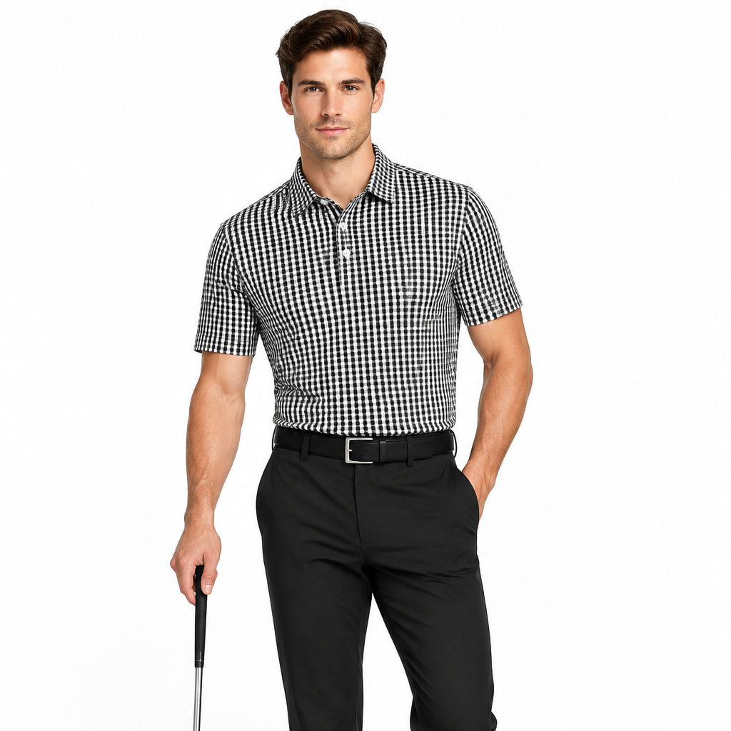 Collars & Co. Men's Polo Performance Fabric Semi-Spread Collar Black Gingham Size S