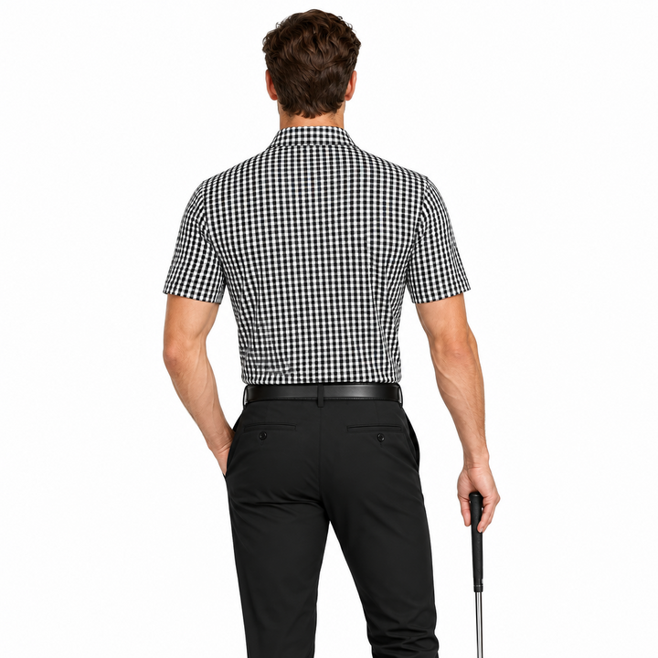 Collars & Co. Men's Polo Performance Fabric Semi-Spread Collar Black Gingham Size S