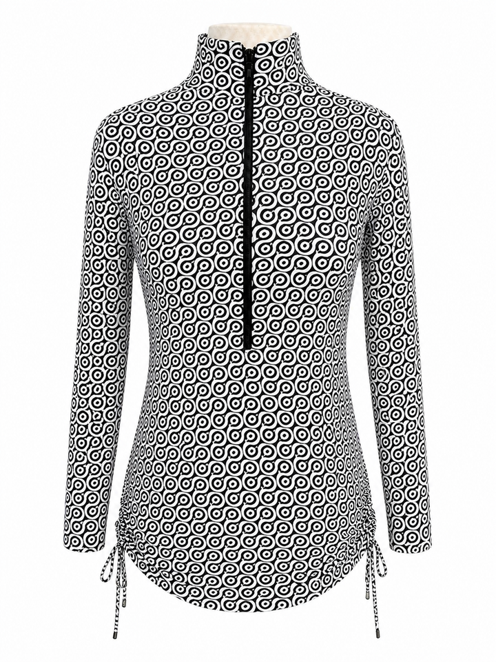 IBKUL Long Sleeve Modern Swirls Drawstring Dress - Black/White - Small - Skorzie
