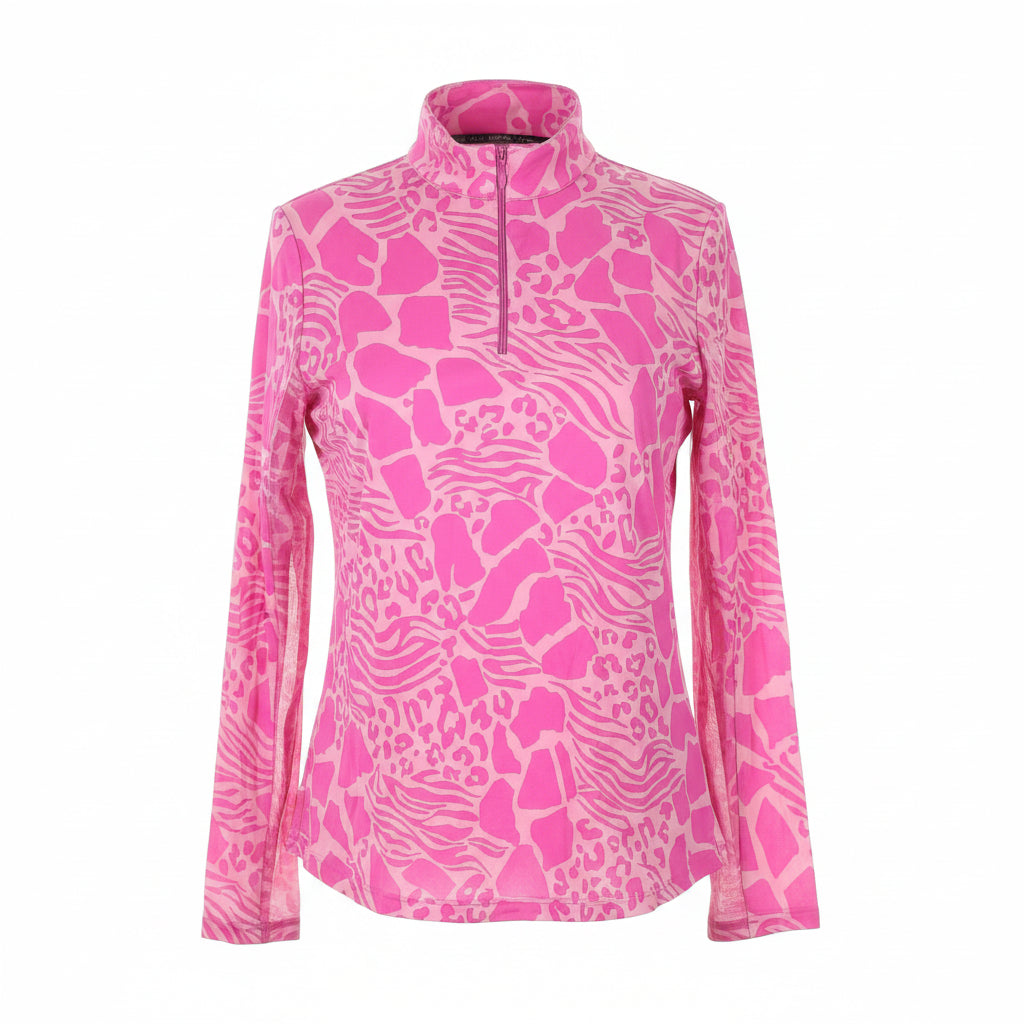 IBKUL Womens Bianca Long Sleeve Zip Mock - Animal Pink