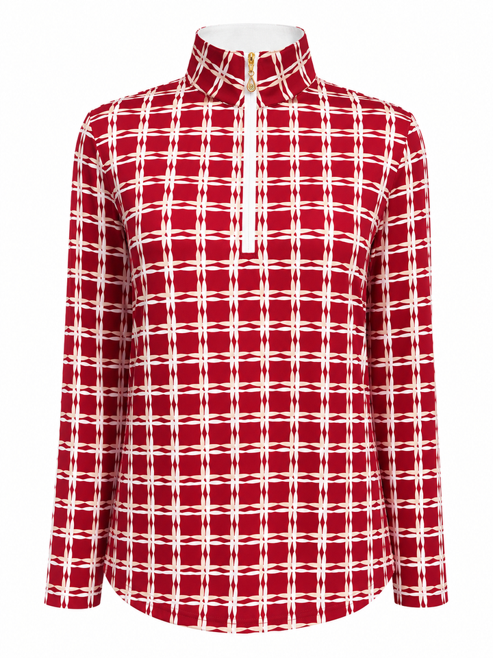 SanSoleil Womens Long Sleeve Zip Polo - Red/White