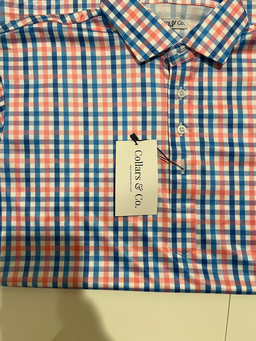 Collars & Co. Men's Polo Performance Fabric Semi-Spread Collar Pink/Blue Plaid Size L