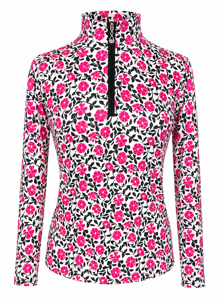 SanSoleil SolCool Print Long Sleeve Polo - Pink Flowers - Small