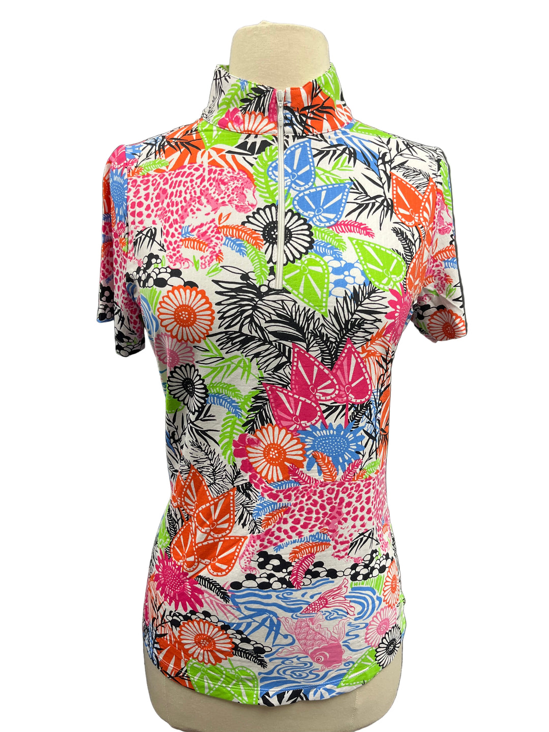 IBKUL Short Sleeve Mock Neck Top - Leopard/Floral Print - Small - Skorzie