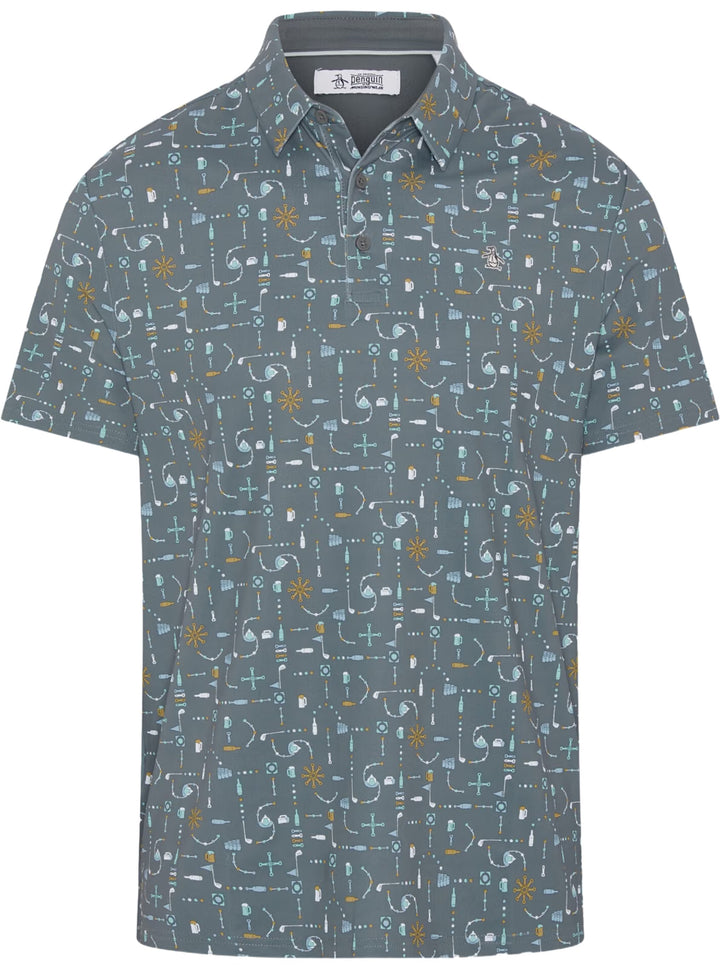 Penguin Mens Logan Beer Pong Geo Print Short Sleeve Polo - Quiet Shade