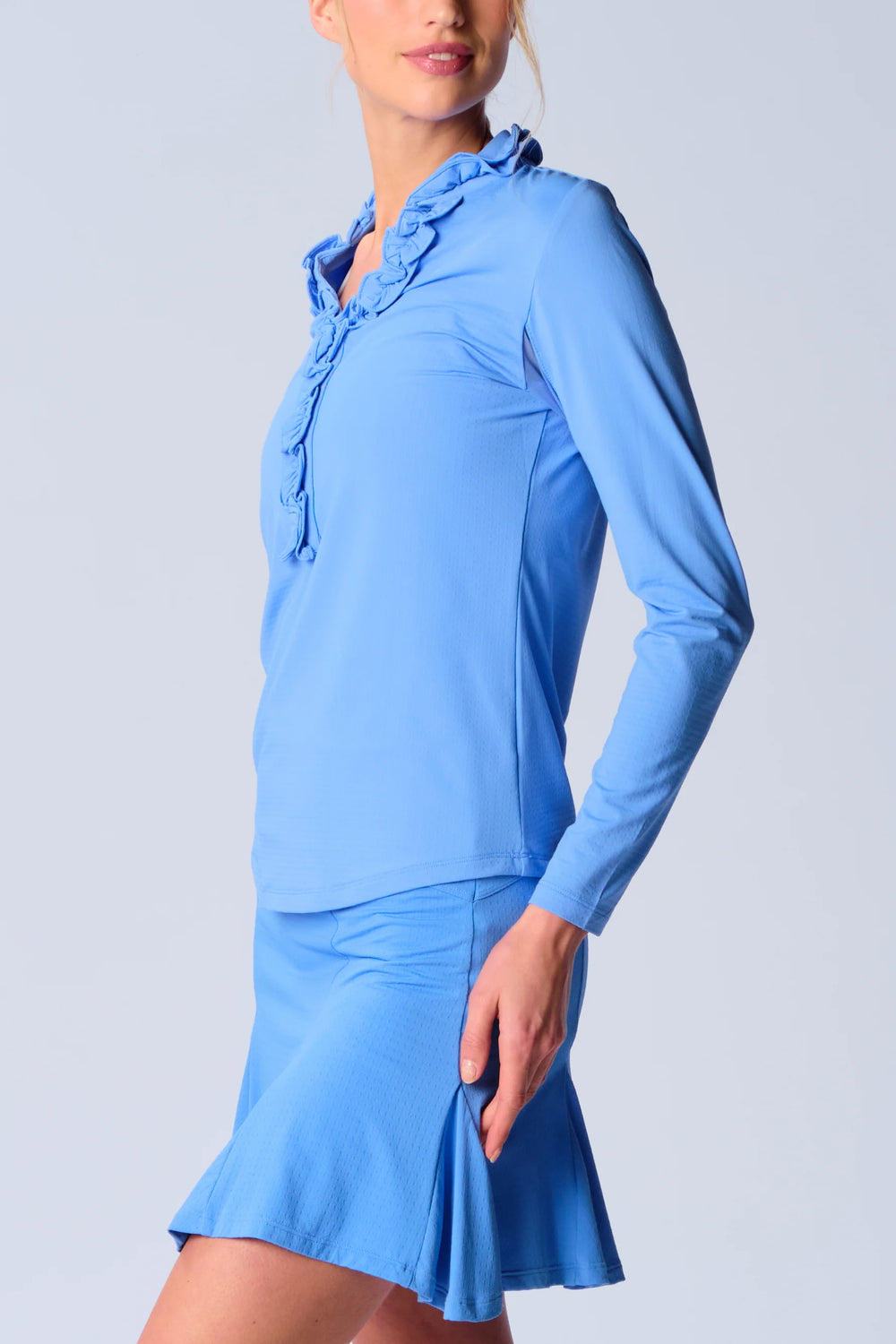 G-Lifestyle Long Sleeve Double Ruffle V-Neck Top - Bright Peri - Skorzie