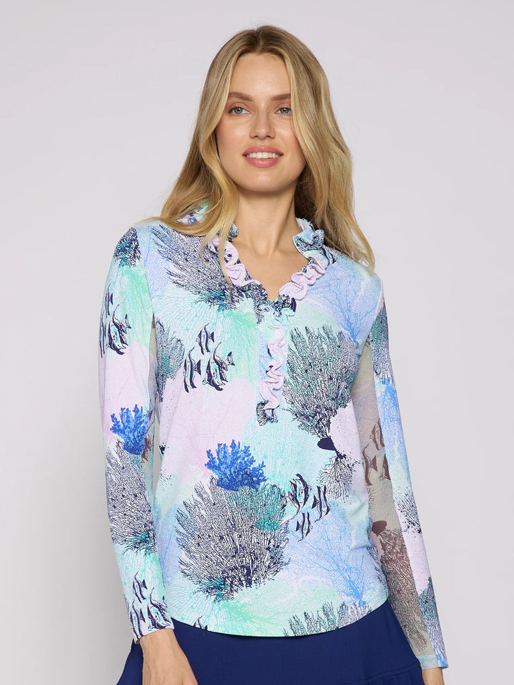 G-Lifestyle UPF 50+ Ruffle V Neck Top - Blue Coral - Skorzie