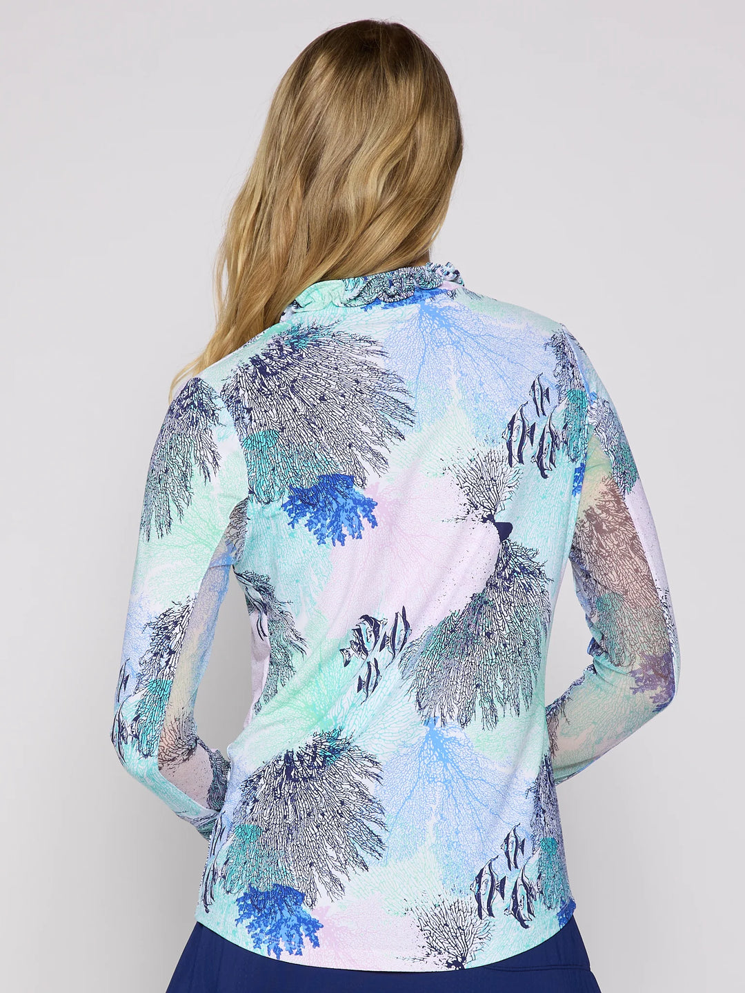 G-Lifestyle UPF 50+ Ruffle V Neck Top - Blue Coral - Skorzie