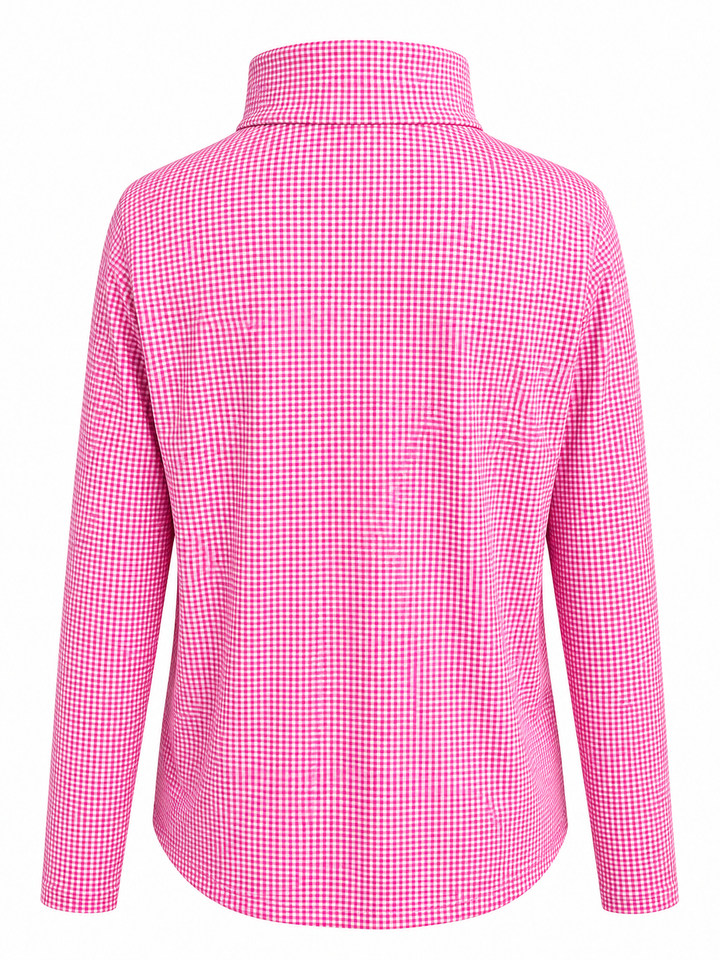 IBKUL Mini Check Long Sleeve Zip Mock - Pink/White