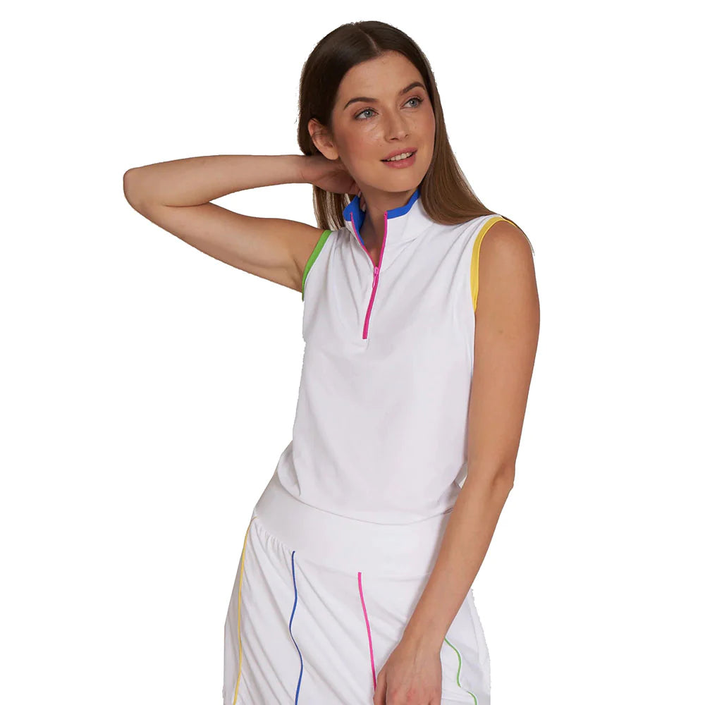 G-Lifestyle Color Block Sleeveless  Zip Mock Neck Top - White Bright/Multi - Skorzie