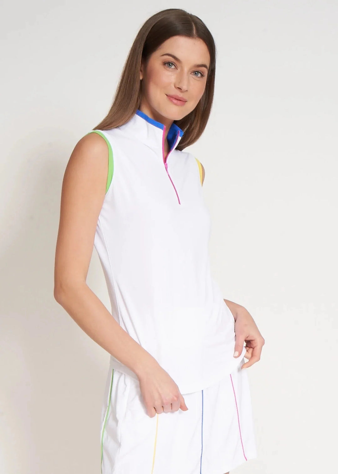 G-Lifestyle Color Block Sleeveless  Zip Mock Neck Top - White Bright/Multi - Skorzie